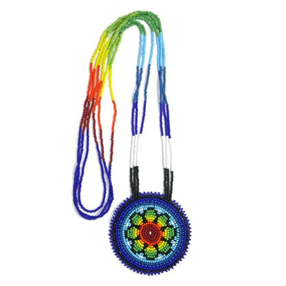 Handmade Native American Style Tribal ethnic Seed Bead Beaded Layered Medallion Necklace - color: Blue Floral