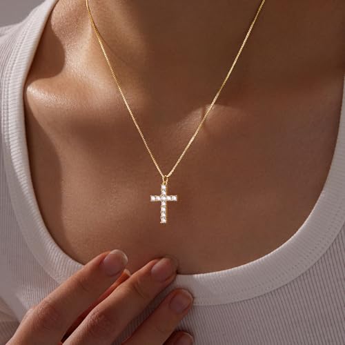 Poxtex Cross Necklace for Women Teen Girls, Dainty 14K Gold Silver Plated Cross Choker Jewelry Non Tarnish Waterproof Cute Simple Small Necklace Christian Baptism Religious Faith Jewelry Gifts - color: 03 Gold Diamond Cross Necklace