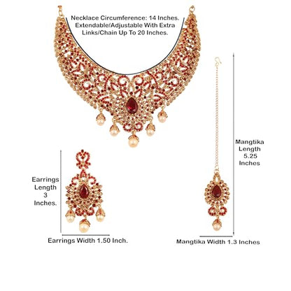 Touchstone Indian jewelry sets for women tikka wedding necklace costume guest statement bollywood rhinestones crystal faux pearls gold big royal neck piece set bridal fashion accessories - color: Red