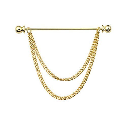 Men's Gold Plated Brass Collar Bar with Double Hanging Chain Tassel Shirt Tie Bar Collar Brooch - color: Gold Ball with Base Head
