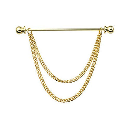 Men's Gold Plated Brass Collar Bar with Double Hanging Chain Tassel Shirt Tie Bar Collar Brooch - color: Gold Ball with Base Head