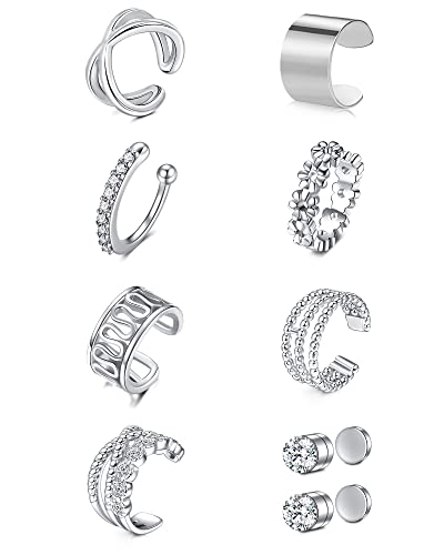 JFORYOU Stainless Steel Ear Cuff Fake Helix Cartilage Clip On Wrap Earrings Fake Lip Ring Non-Piercing Adjustable Men Women - color: Style A-Silver color 2