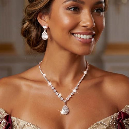 Unicra Bride Crystal Necklace Earrings Set Bridal Wedding Jewelry Sets Rhinestone Choker Necklace Prom Costume Jewelry Set for Women and Brides - color: Rose Gold