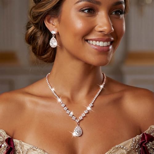 Unicra Bride Crystal Necklace Earrings Set Bridal Wedding Jewelry Sets Rhinestone Choker Necklace Prom Costume Jewelry Set for Women and Brides - color: Rose Gold