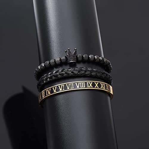 WFYOU 3PCS Stainless Steel Imperial Crown Bracelets for Men Gold Roman Numeral Bangle Bracelet Adjustable Cuff Bracelet Mens Luxury Jewelry Gifts - style: 02:Black-Roman Numeral