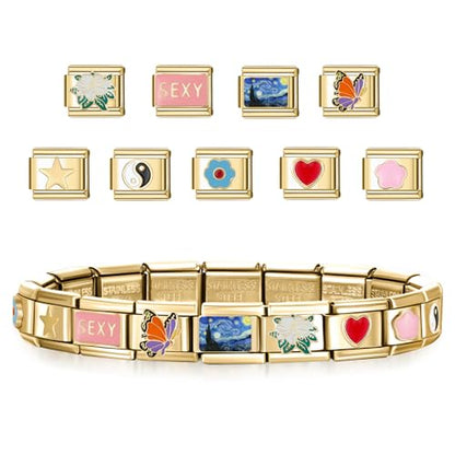 Stainless Steel Italian Charm Bracelet, 18 Link Starter Bracelet 9mm Charms | Italian Charm Bracelet with 9Pcs/20Pcs Charms and Opening Tools, Classic 9mm Modular Charm, Personalized Jewelry Gift - color: D-Gold