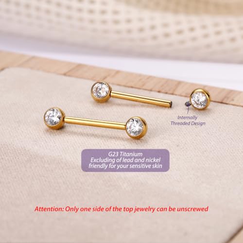 FUNLMO 2pcs Nipple Piercing Jewelry Titanium Nipple Rings Internally Threaded Tongue Rings Bridge Piercing Jewelry Nipple Barbells 14G 12-20mm - color: Gold,Clear CZ