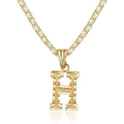 Barzel 18K Gold Plated Initial Necklace with Diamond Cut Initial, Waterproof, High Polish Finish, Made in Brazil - style: H