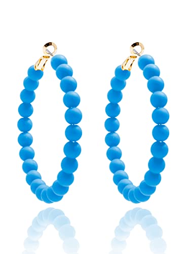 ZENZII Beaded Hoop Earrings Bohemian Circle Round Bead Earrings Chic Dangle Earrings for Women and Girls - color: Neon Blue