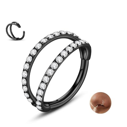 Nose Rings Hoops - 316L Surgical Steel Double Hoop Nose Rings Hinged Conch Piercing Jewelry Septum Lip Rings Cartilage Earring Helix Rook Tragus Daith - color: black