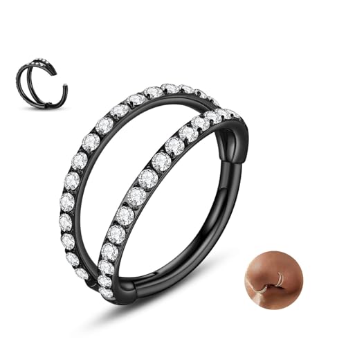 Nose Rings Hoops - 316L Surgical Steel Double Hoop Nose Rings Hinged Conch Piercing Jewelry Septum Lip Rings Cartilage Earring Helix Rook Tragus Daith - color: black