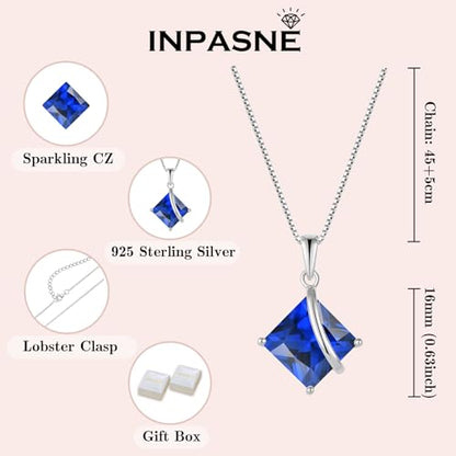 Square Princess Cut Necklace 925 Sterling Silver Solitaire Pendant Necklace Birthstone Jewelry Gifts for Women - color: 09 September - Sapphire