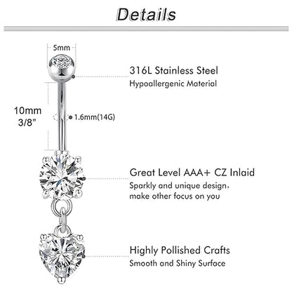 QWALIT Belly Button Rings 14G Surgical Steel Belly Rings CZ Opal Navel Piercing Jewelry for Women Girls 3/8" 10mm Silver Rose Gold - color: A16-3pcs-silver