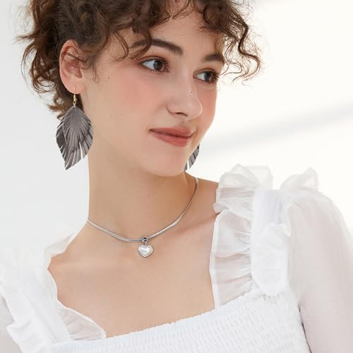 Handmade Bohemian Large Soft Genuine Leather Fringe Double Feather Dangle Drop Earrings Lightweight Simple Color PU Leaf Hook Earrings for Women - color: Grey