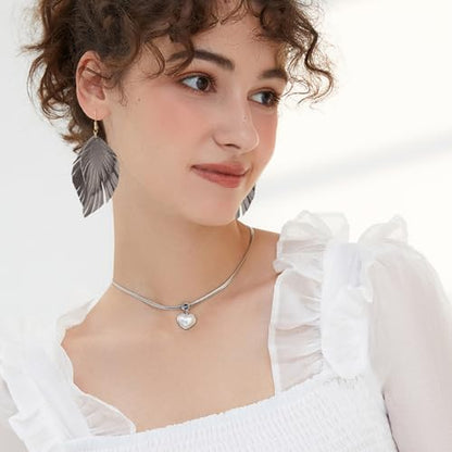 Handmade Bohemian Large Soft Genuine Leather Fringe Double Feather Dangle Drop Earrings Lightweight Simple Color PU Leaf Hook Earrings for Women - color: Grey