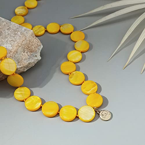 Firstmeet Flat Round Coin Shell Beads Long Knotted Necklace Natural Mother of Pearl Handmade Jewelry For Women - color: Yellow