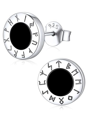 ChicSilver 925 Sterling Silver Viking Rune Natural Black Onyx Stud Earrings For Women Men - style: B: Front Runes-Silver