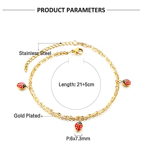 Anklet Bracelets for Women Stainless Steel, Gold Anklets Bracelet for Womens Double Layer Chain with Flower/Ladybug/Dragonfly Anklet for Summer Beach - color: Ladybug