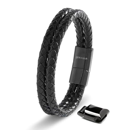 SERASAR Premium Leather Bracelet Men | Stainless Steel Magnetic Clasp | Three Colors | Jewelry Box Included - color: Black, size: 17cm, style: Double