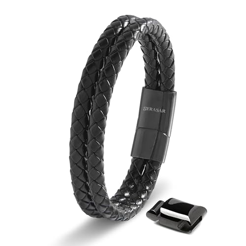 SERASAR Premium Leather Bracelet Men | Stainless Steel Magnetic Clasp | Three Colors | Jewelry Box Included - color: Black, size: 20cm, style: Double