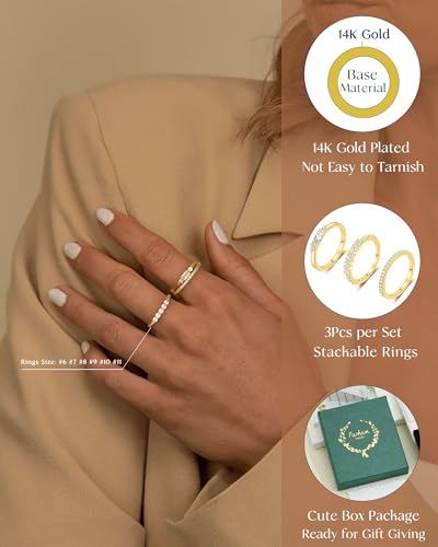 FUNEIA Stackable Silver Gold Rings for Women Non Tarnish 14K Gold Plated Thumb Cubic Zirconia Rings for Women Dainty Pinky Promise Wedding Ring Set Women's Engagement Eternity Band Rings Gold Jewelry - color: D-Gold Cubic Zirconia Rings