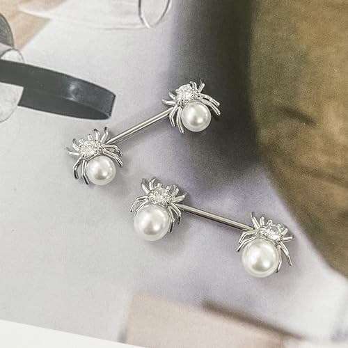 14G White Spider Nipple Rings for Women Surgical Stainless Steel Pearl CZ Spiders Nipplerings Nipple Shield Studs Barbells Halloween Body Piercing Jewelry