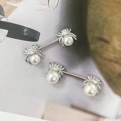 14G White Spider Nipple Rings for Women Surgical Stainless Steel Pearl CZ Spiders Nipplerings Nipple Shield Studs Barbells Halloween Body Piercing Jewelry