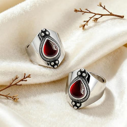 Natural Waterdrop Stone Wide Band Ring,Sterling Silver Genuine Teardrop Crystal Quartz Gemstone Statement Wide Chunky Full Finger Band Ring for Women - color: A01_Garnet
