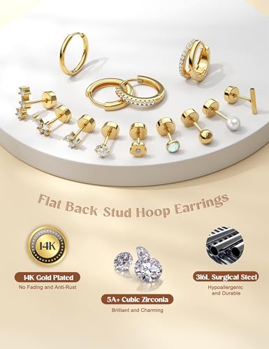 BESTEEL Hypoallergenic Flat Back Earrings - 14K Gold Plated Cartilage Earring Sets 20G Surgical Stainless Steel Earrings for Women Small Hoop Flatback Stud Earring Stacks Helix Conch Tragus Piercing Jewelry - color: 14K Gold Plated