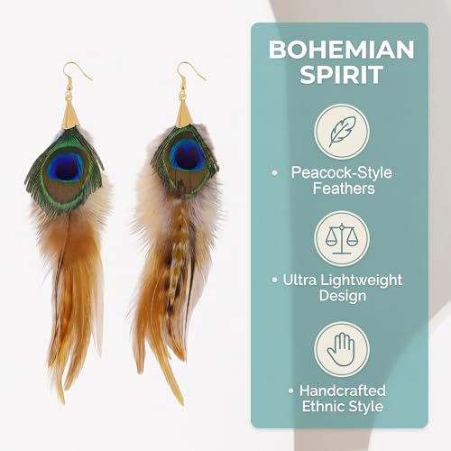 Long Peacock Feather Earrings for Women Boho Dangle | Lightweight vintage statement jewelry ensuring comfortable daily wear.