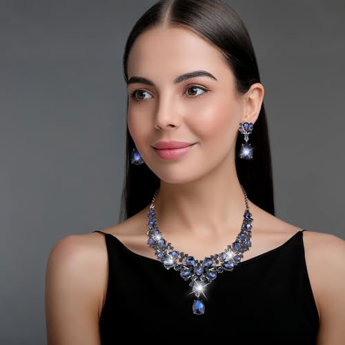 Hicarer Bridal Teardrop Cluster Crystal Jewelry Set for Women Necklace Earrings Wedding - color: Dark Blue
