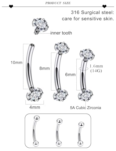 18G 16G 14G Eyebrow Ring Piercing Jewelry Surgical Steel Internal Thread Vertical Labret Lip Ring Rook Daith Earrings Belly Button Ring Piercing Jewelry for Women Men Silver Black Gold - color: Silver, size: 14 Gauge