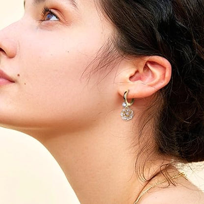 Sonateomber Christmas Tree Dangle Small Gold Hoop Earrings for Women, Cute Sparkly CZ Rhinestone Maple Clover Leaf Drop Earings Thanksgiving Holiday Accessories Fashion Jewelry Gift - color: Pearl White
