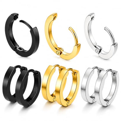 3 Pairs Stainless Steel Huggie Hoop Earrings for Men and Women – Black, Gold & Silver Hinged Hoop Set – Hypoallergenic Small Clicker Earrings for Everyday Wear