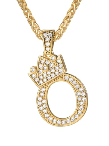 U7 Crown Initial Necklace Men Women, Bling Diamond A-Z 0-9 Letter Pendant with Wheat Chain, Silver/Black/Gold Plated CZ Alphabet Number Hip Hop Jersery for Father Husband - color: a. Gold, size: 15. O