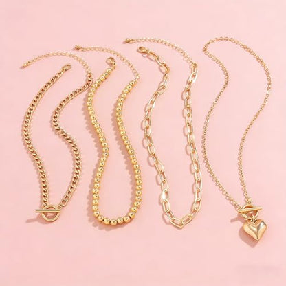 Chunky Layered Necklaces for Women, Stackable Paperclip Chain Necklace Set with Coin & Heart Pendants, Trendy Statement Jewelry for Everyday Wear and Gift Giving - color: Gold