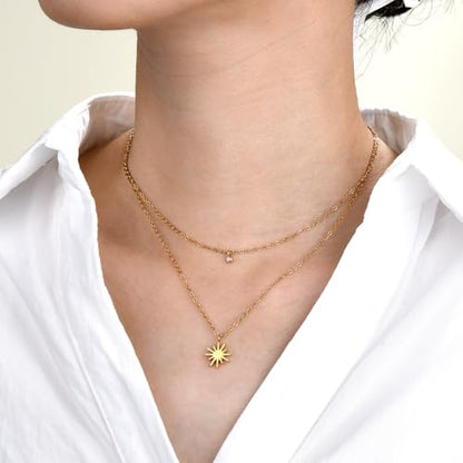 Dainty 316L Stainless Steel Layered Necklace for Women, Cubic Zirconia Layered Double Pendant Chain Necklace Jewelry Trendy - color: 18KPG