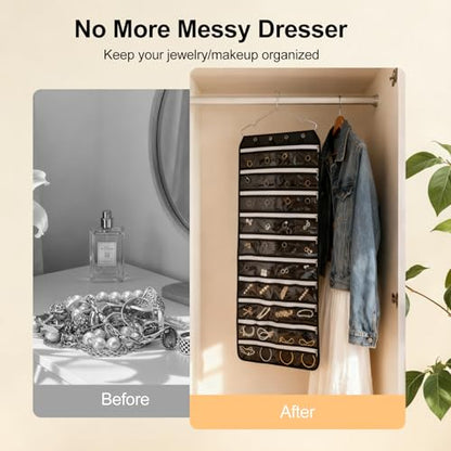 Hanging Jewelry Organizer Storage Roll 80 Zippered Pockets with Detachable Hanger Double-Sided Foldable, Travel Jewelry Holder for Earrings, Rings, Bracelets, Hanging on Closet, Wall, Door, Black - size: 80 Zippered Pockets