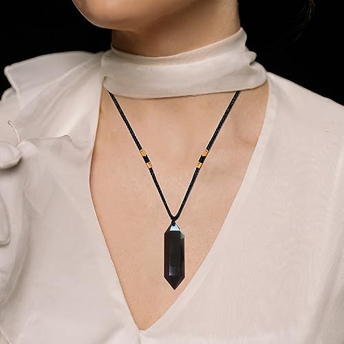 Runyangshi Black Obsidian Healing Crystal Pendants, Double Pointed Natural Crystal Quartz Necklace 6 Faceted Chakra Crystal Wand Stone - color: Black Obsidian