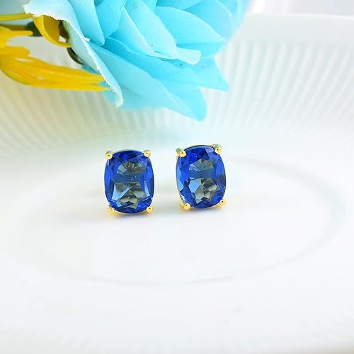 Women's 18K Gold Plated 8x10mm Princess Cut Gemstone Stud Earrings – Birthstone Jewelry for Her – Classic Cushion Studs - color: Blue Sapphire