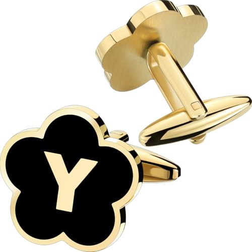 Initial Cufflinks for Mens,Personalized Black Glod Pated Letter Shirts CuffLinks,Stainless Steel Cuff Links, Business Wedding Gift A-Z - style: Letter Y