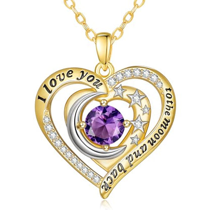 14K Gold I Love You to the Moon and Back Necklace for Women, Double Heart Birthstone Necklace, Moon Star Love Jewelry, Christmas Valentines Mothers Day Birthday Gifts for Wife Mom Girlfriend - color: 02-Feb Birthstone