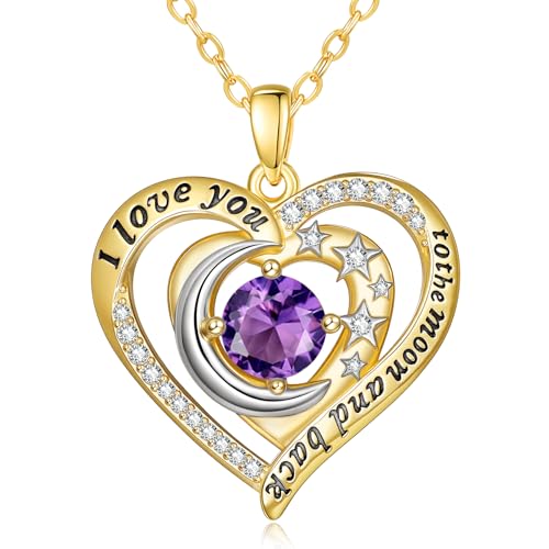 14K Gold I Love You to the Moon and Back Necklace for Women, Double Heart Birthstone Necklace, Moon Star Love Jewelry, Christmas Valentines Mothers Day Birthday Gifts for Wife Mom Girlfriend - color: 02-Feb Birthstone