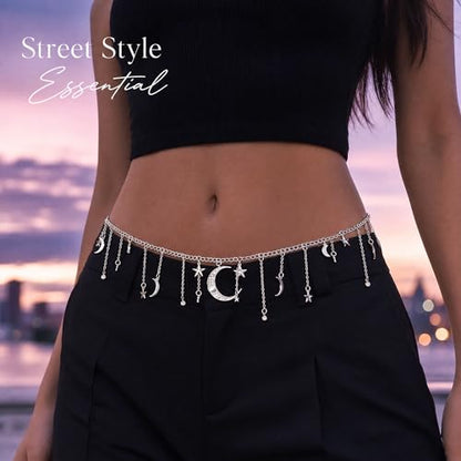 Moon Chain Belt for Women, Elegant Silver Star Waist Chain, Sparkling Celestial Body Jewelry Matching Y2k Witchy Festival Outfits Flawlessly