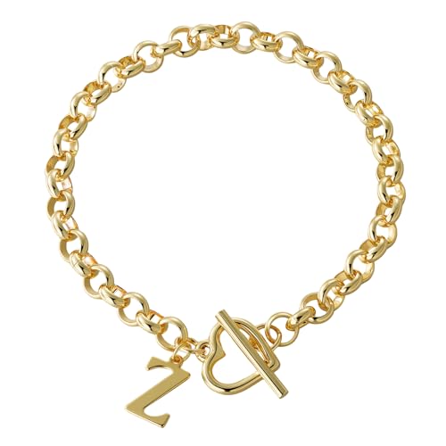 14K Gold Plated Stainless Steel A-Z Alphabet Letter Heart Bracelet | Non-Tarnish Dainty Charm with a Romantic Toggle Clasp Daily Fashion Jewelry, 7-inch Rolo Chain, Personalized Gift for Her - color: Z