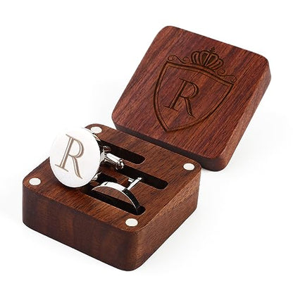 Mens Initial Silver Cufflinks A-Z Alphabet Letter Steel Cuff Links with Engraved Walnut Wood Box Groom Groomsman Wedding Set… - style: R