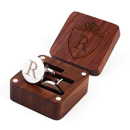 Mens Initial Silver Cufflinks A-Z Alphabet Letter Steel Cuff Links with Engraved Walnut Wood Box Groom Groomsman Wedding Set… - style: R