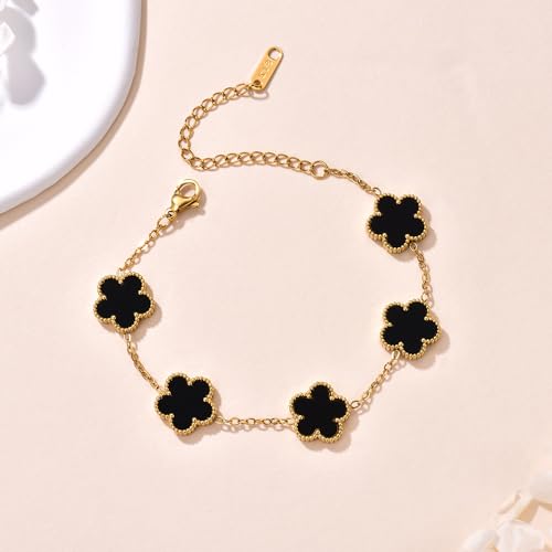 FLY FEI 18K Gold-Plated Four Leaf Clover Bracelet for Women,Adjustable lucky Bracelet Set Jewelry Gift-Hypoallergenic Charm for Birthdays, Wellness & Daily Wear - color: style01-Black