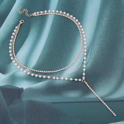 Vintage Layered Pearl Rhinestone Lariat Necklace Long Rhinestone Y Drop Necklace Gold Pearl Chain Necklace Sparkly Cz Tennis Necklace Jewelry for Women