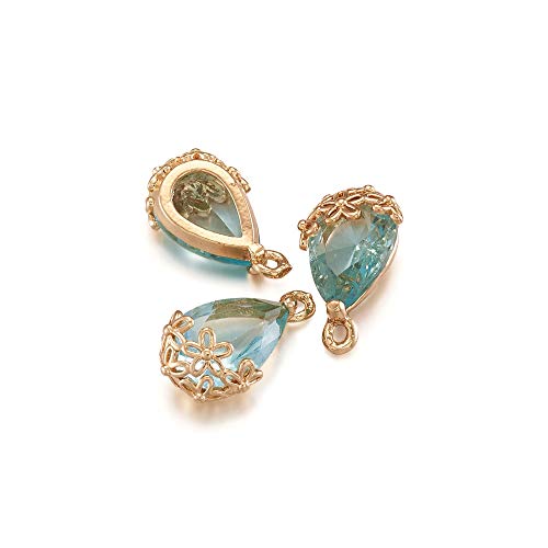 FASHEWELRY 50Pcs Faceted Transparent Glass Teardrop Pendants Crystal Glass Dangle Oval Drop Bead Charms with Golden Flower Open Back Settings for Jewelry Craft Making - color: Light Green